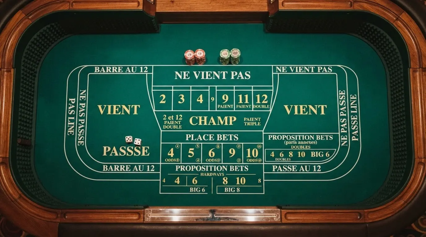 Vue rapprochée d'un tapis de craps avec ses zones de mise imprimées : Pass Line, Don't Pass, Come, Field, Place Bets.