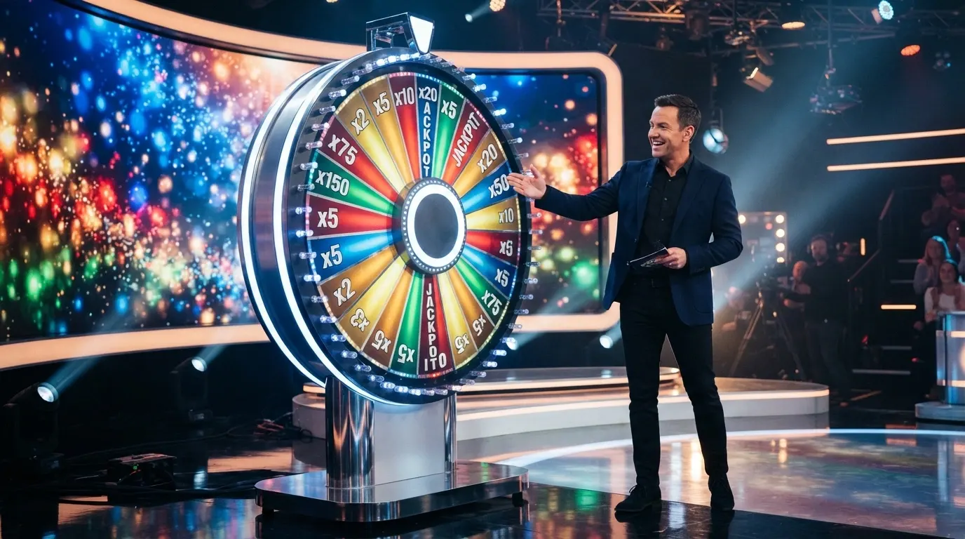 Plateau de jeu télévisé en studio de casino live, roue multicolore Crazy Time et croupier debout devant un écran géant