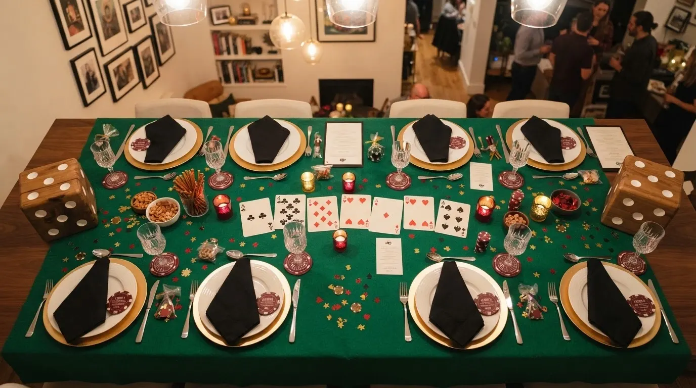 Une table de fête dressée aux couleurs rouge, noir et or avec des centres de table en forme de dés géants, des cartes à jouer disposées en chemin de table et des jetons personnalisés devant chaque assiette