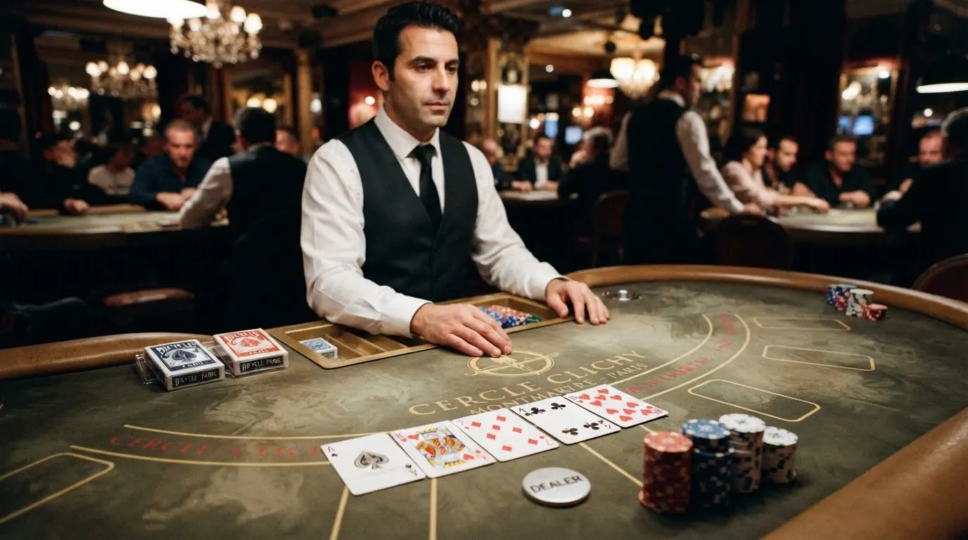 Une table de poker dans un club de jeux parisien, avec jetons, cartes et croupier en tenue professionnelle