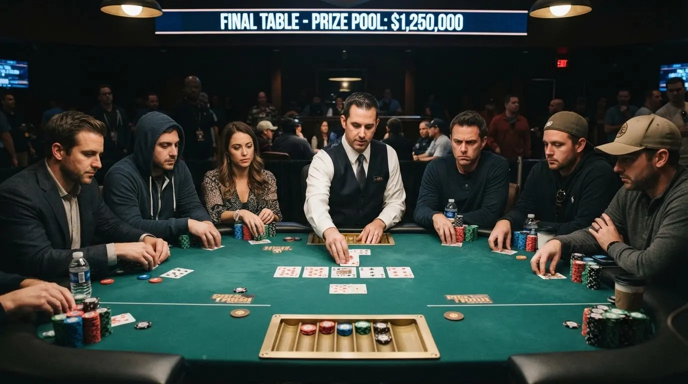Une table de tournoi de poker en cours, avec des joueurs concentrés, un croupier distribuant les cartes, et un écran affichant le prize pool