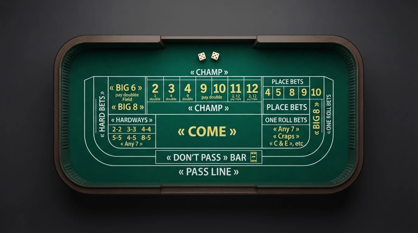 Vue aérienne d'un tapis de craps en ligne avec ses principales zones de mise (Pass Line, Don't Pass, Field, Come) clairement visibles