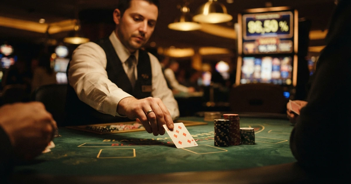 Un croupier retourne une carte sur une table de blackjack, des jetons empilés au premier plan, un écran affiche un pourcentage.