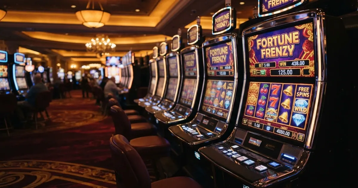 Une rangée de machines à sous dans un casino terrestre, écrans allumés, rouleaux visibles, sans personne identifiable