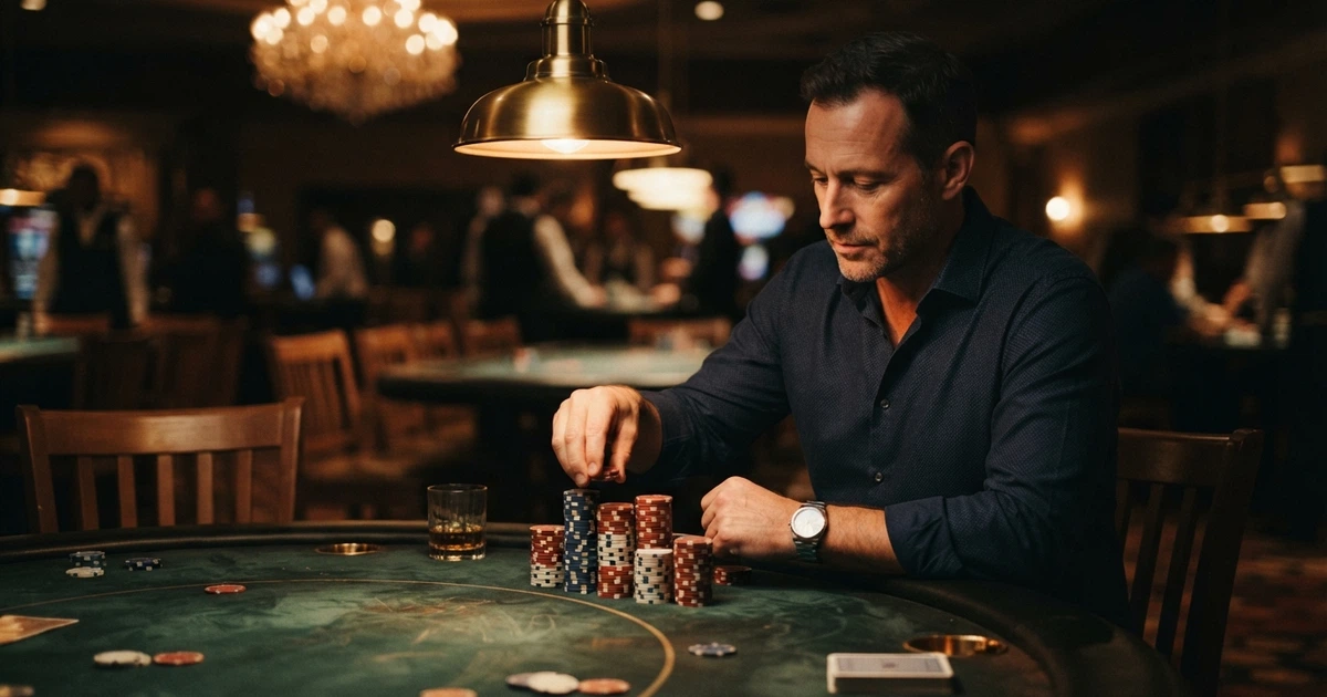 Un joueur assis à une table de poker dans un casino, empilant des jetons devant lui, sous une lumière tamisée