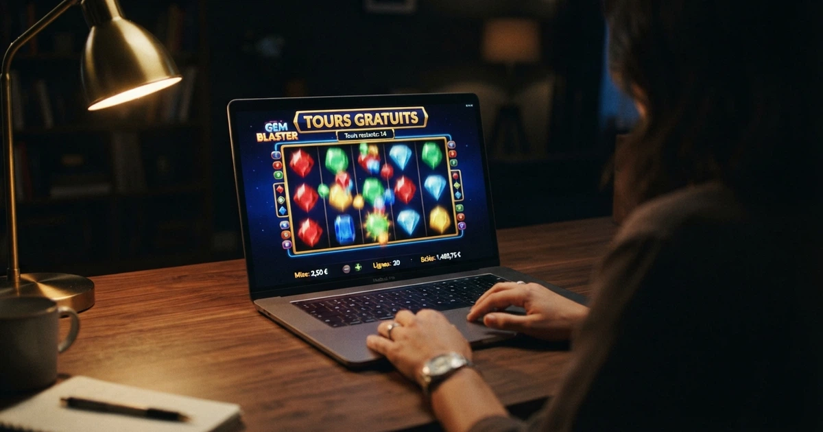 Interface d'une machine à sous en ligne affichant une bannière « tours gratuits » et le compteur de free spins activés