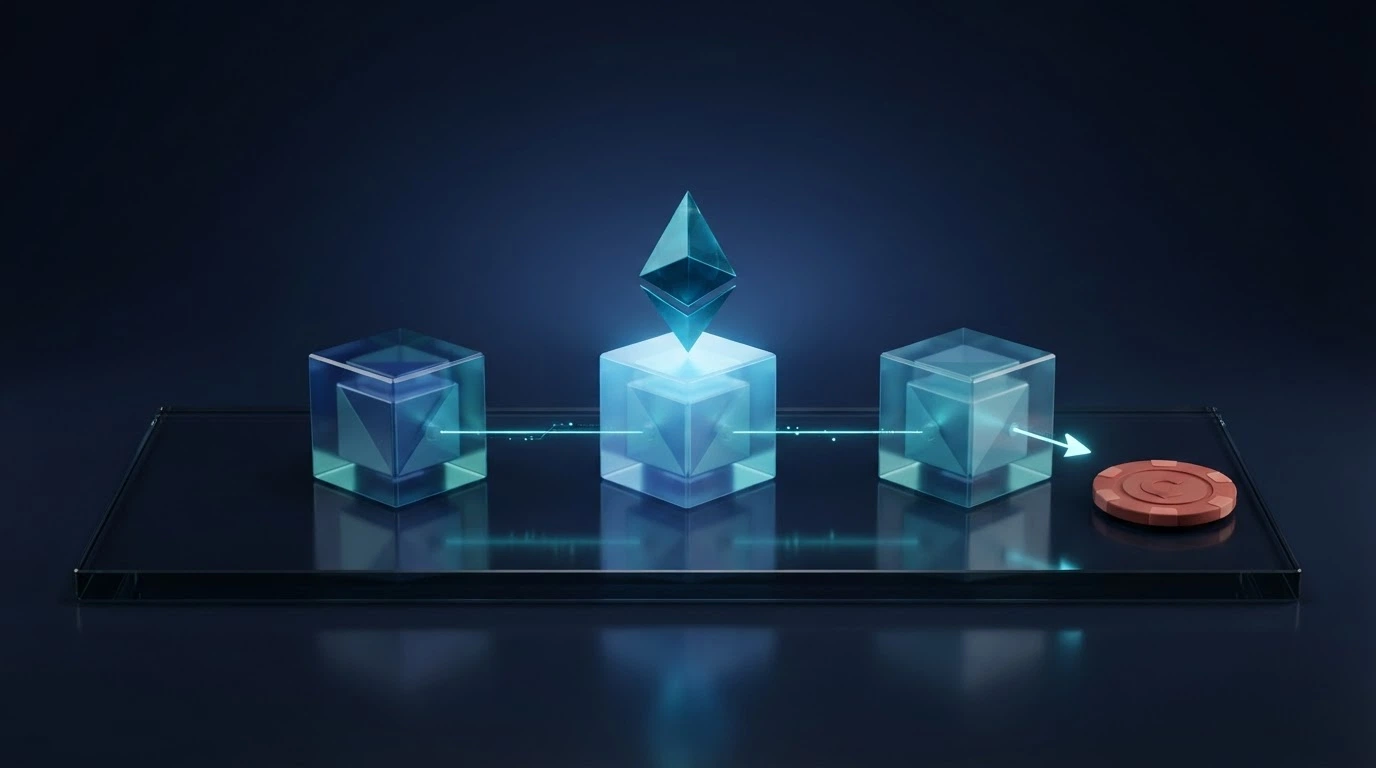 Une représentation simplifiée d'une transaction blockchain : des blocs reliés avec le symbole ETH et une flèche de transfert vers une icône de casino.