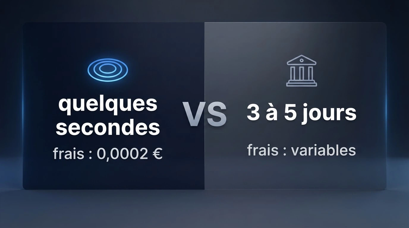 Schéma comparatif d'une transaction XRP (quelques secondes) face à un virement bancaire classique (3 à 5 jours)