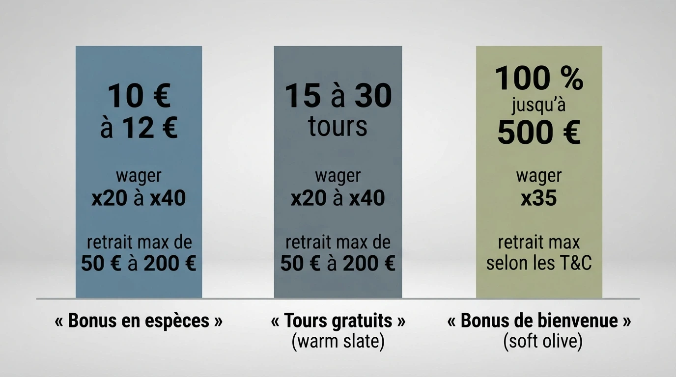 Trois colonnes comparant les caractéristiques d'un bonus cash sans dépôt, de tours gratuits et d'un bonus de bienvenue