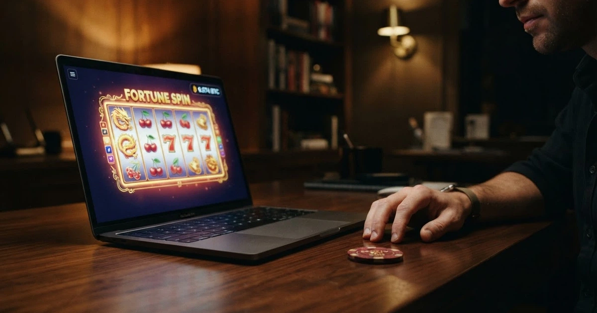 Écran d'accueil d'une plateforme de casino en ligne affichant un solde en USDC et une grille de jeux de casino