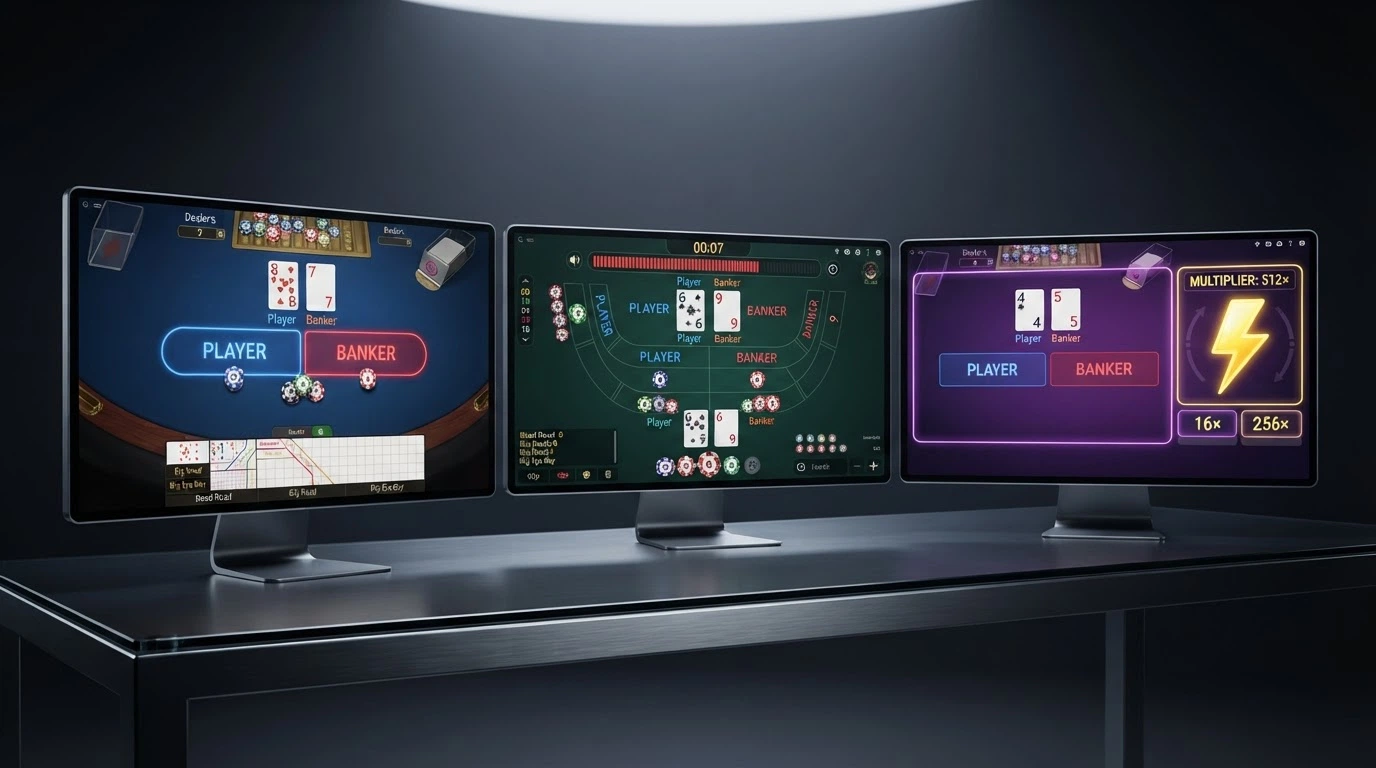 Trois écrans de table de baccarat live alignés côte à côte montrent les interfaces d'une main standard, d'une main Speed Baccarat et d'une main Lightning Baccarat avec ses multiplicateurs affichés.