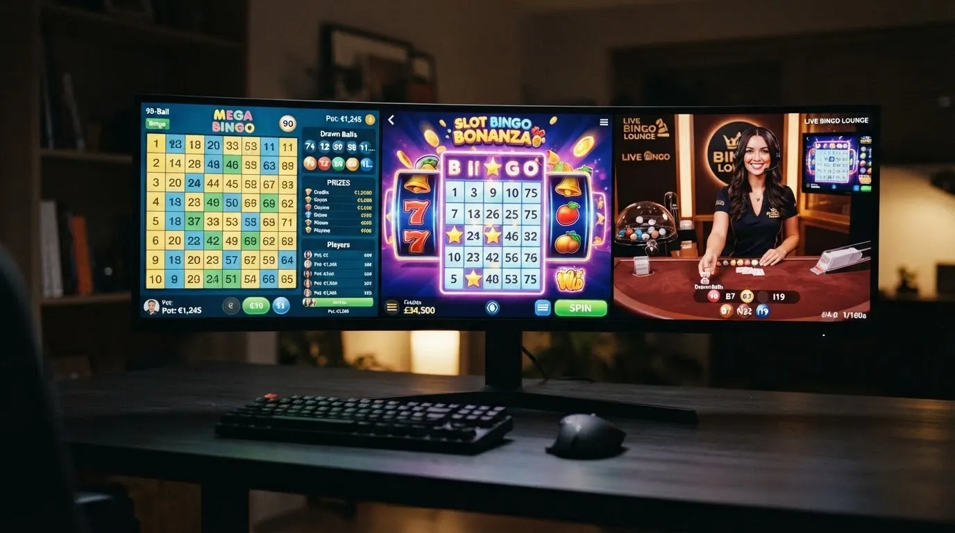 Un écran partagé entre une grille de bingo 90 boules, une machine à sous sur le thème du bingo et une table de live dealer
