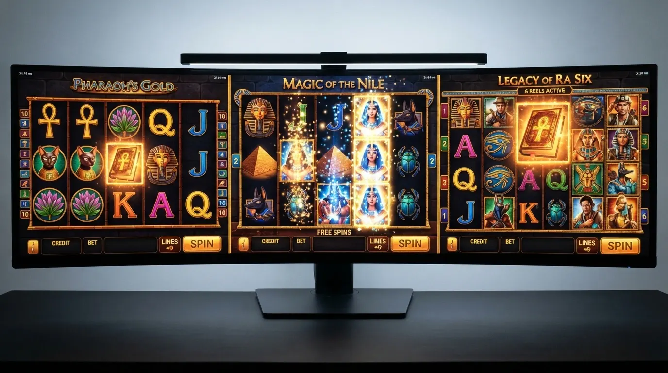 Écran partagé montrant côte à côte les interfaces de Book of Ra Deluxe, Book of Ra Magic et Book of Ra Deluxe 6 avec leurs différences visuelles (cinq rouleaux, six rouleaux, effets Magic)