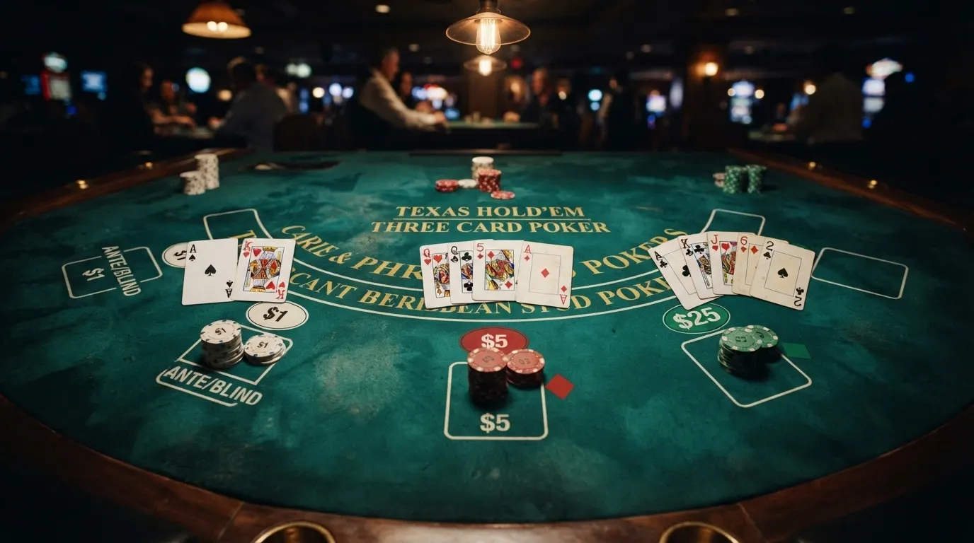 Un tapis de casino vert avec trois mains de poker étalées côte à côte illustrant le Texas Hold'em, le Three Card Poker et le Caribbean Stud, des jetons de couleurs différentes posés devant chaque main