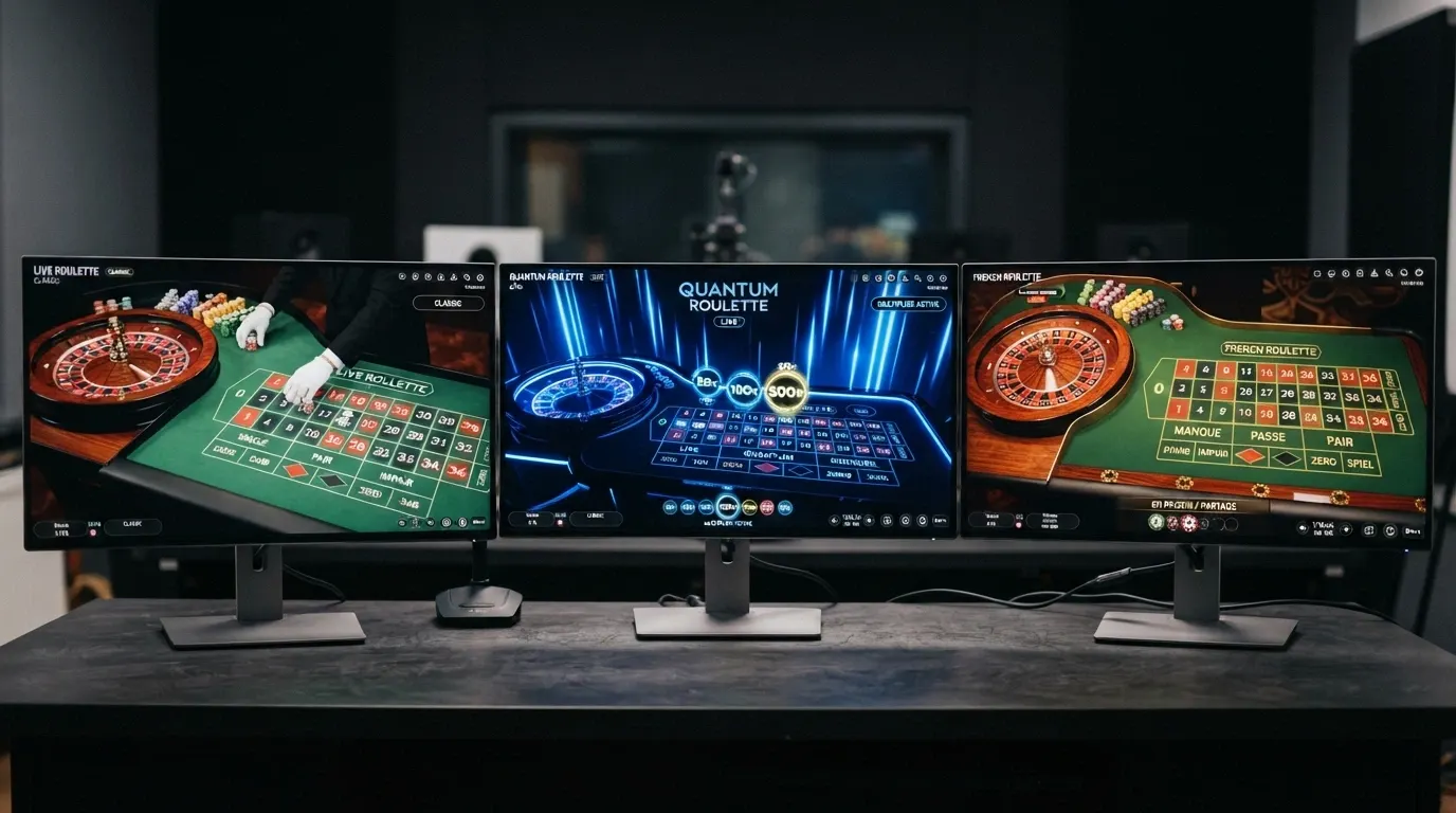 Trois écrans ou tables de roulette en direct côte à côte illustrant les variantes Lightning, Mega et Française