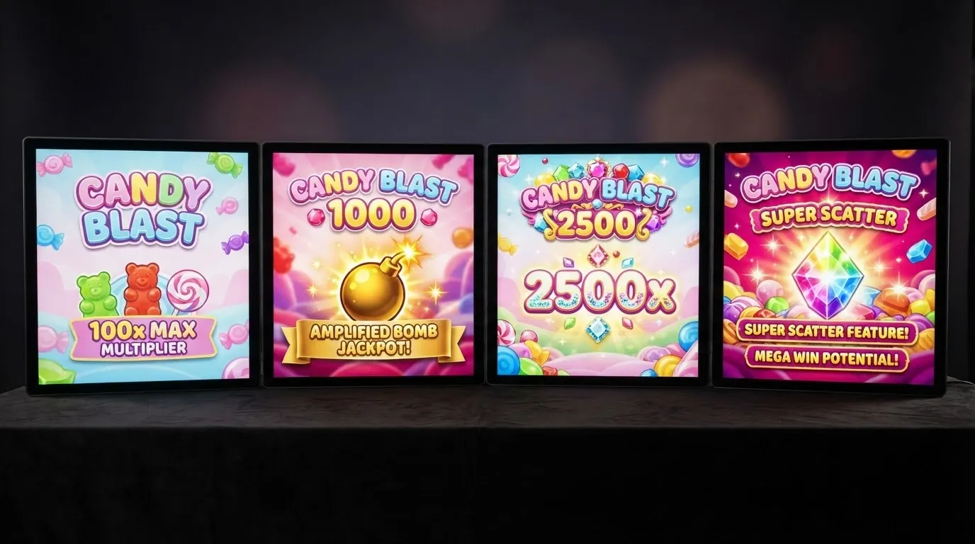 les écrans-titres des quatre versions de Sweet Bonanza disposés côte à côte pour montrer leur filiation visuelle