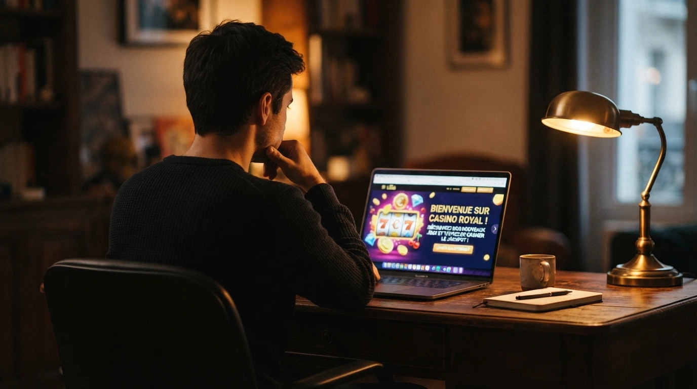 Une personne pensive devant un écran affichant une offre de bonus de casino