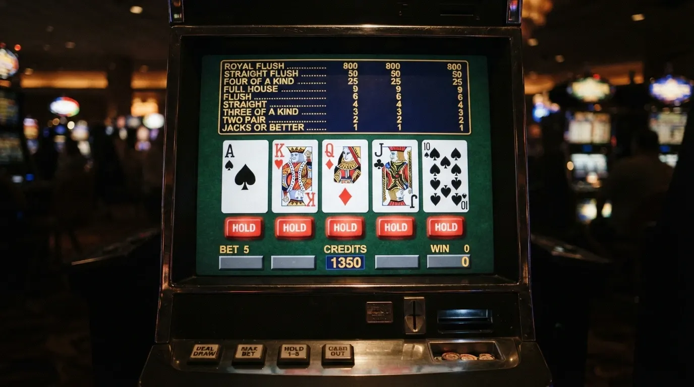 L'écran d'une machine de vidéo poker affichant une main de cinq cartes avec l'interface de sélection des cartes à garder, sur fond de feutrine verte
