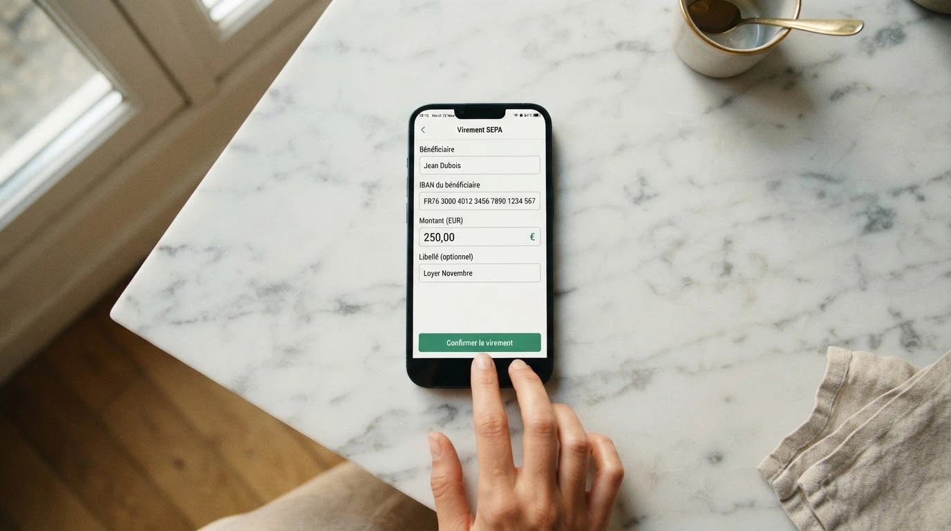 Une interface bancaire mobile montrant les étapes d'un virement SEPA : saisie de l'IBAN, montant, confirmation, avec le logo SEPA visible