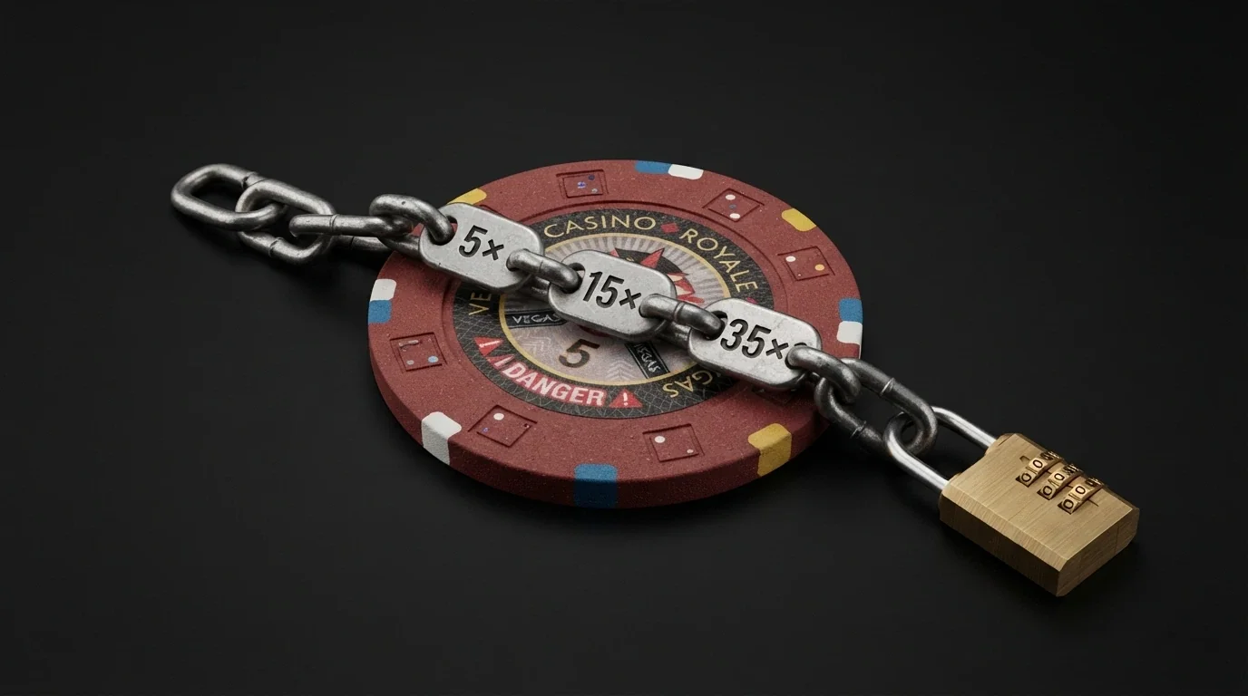 Une liasse de billets retenue par une chaîne dont chaque maillon porte un chiffre (5×, 15×, 35×), un cadenas à l'extrémité.