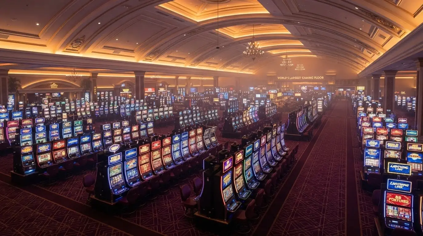 La salle de jeu principale du WinStar World Casino en Oklahoma, avec ses rangées de machines à sous électroniques s'étendant à perte de vue